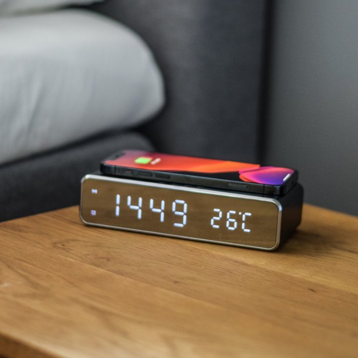 Digital alarm clock with Qi charger